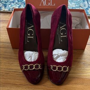 AGL Women's Berry Red Loafers with Gold Accent